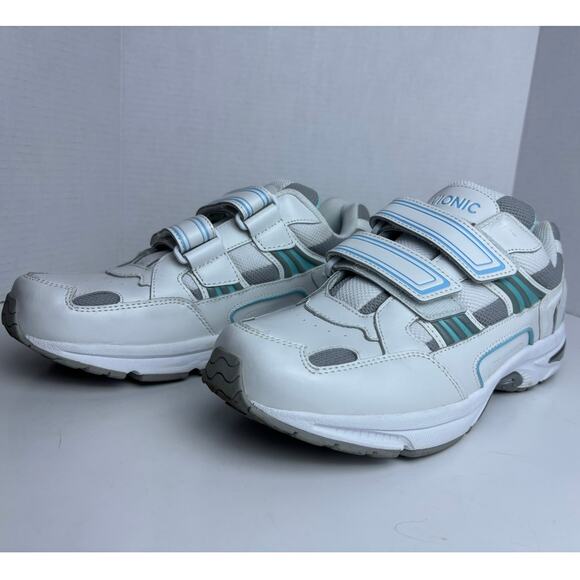 VIONIC TABI White Blue Stripes 11 Leather Orthaheel Hook and Loop Sneaker Shoes - Picture 4 of 8